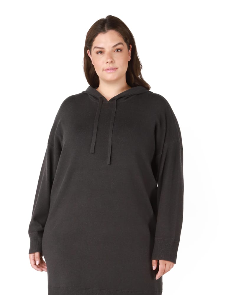 Front of a model wearing a size 0X Renee Hooded Sweater Dress in Charcoal Grey by DEX PLUS. | dia_product_style_image_id:237876